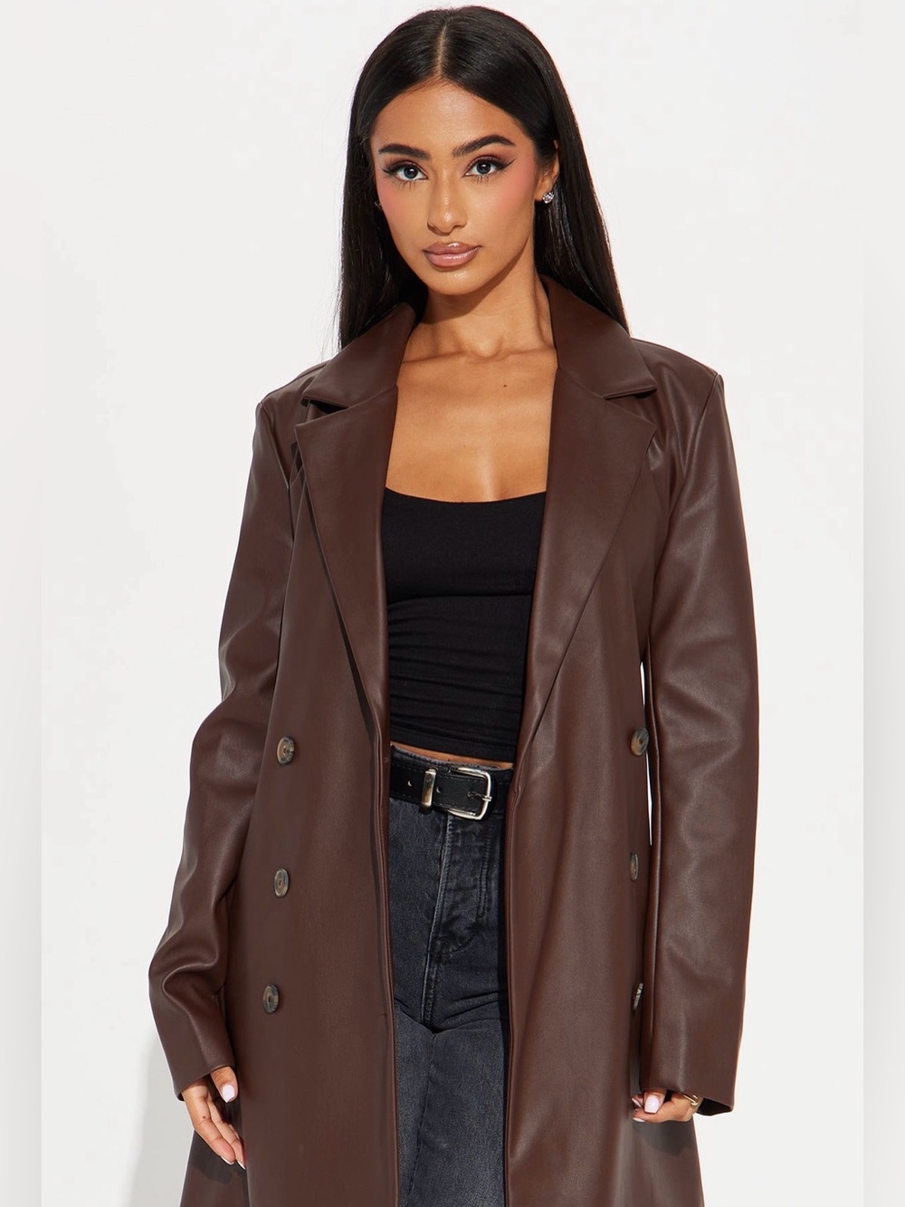 Fashion Nova Brown/Camel Faux Leather Double-Breasted Blazer Coat